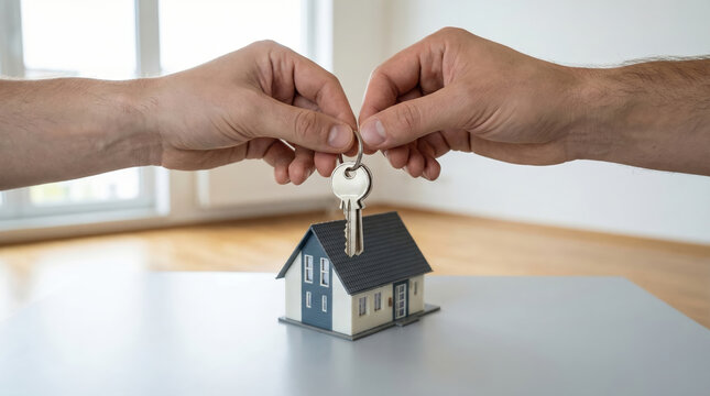 Man handing house key to woman over model house. Property owner giving apartment keys to tenant. Real estate agent selling home. Mortgage loan, rent agreement and housing ownership concept.