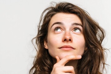 Naklejka premium Young woman with thoughtful expression looking upward, hand on chin, isolated on white background, contemplation and decision making concept, close up portrait.