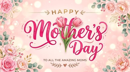 Obraz premium Happy mother's day card with pink tulips on a pink background