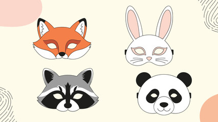Fototapeta premium Set of colorful animal masks for children including a fox, rabbit, raccoon, and panda on a light beige background.