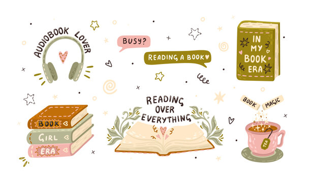 Cozy reading stickers with Books, tote bag, coffee, and digital reading elements. World Book Day. Vector.
