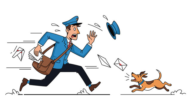 Panicked mailman in a blue uniform running away from a barking dog while losing his mail and hat on a white background.