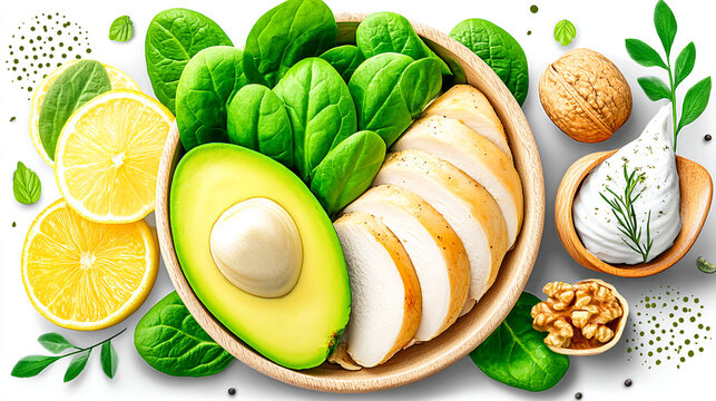 Healthy meal bowl with chicken avocado spinach lemon leafy greens low carb food photography