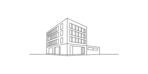 A line drawing of a modern multistory building with many windows and a flat roof © SR