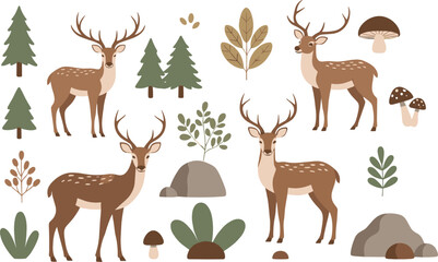 Obraz premium Forest and Woodland Vector Collection with Deer Trees Mushrooms Rocks and Leaves for Nature Wildlife Illustrations and Educational Designs