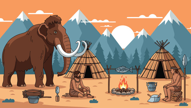 Prehistoric landscape features primitive cavemen in animal skins living in teepees with a mammoth and fish cooking over an open fire.