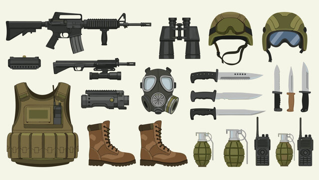Comprehensive set of modern military tactical equipment featuring weapons, a helmet, gas mask, combat boots, and protective gear.
