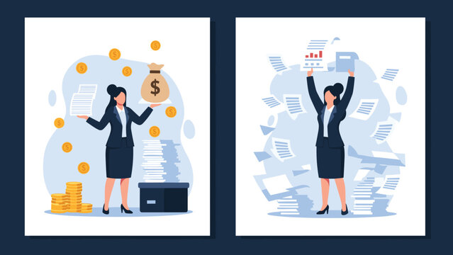 Two illustrations of a businesswoman managing finances featuring a successful woman with money and a chaotic paper office.