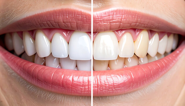Split image showing before and after teeth whitening, healthy white smile contrast with yellowed teeth, cosmetic dentistry concept