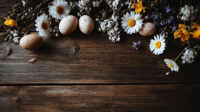 Wooden surface with flowers and eggs partially entering frame from one side, suggesting continuation beyond edges