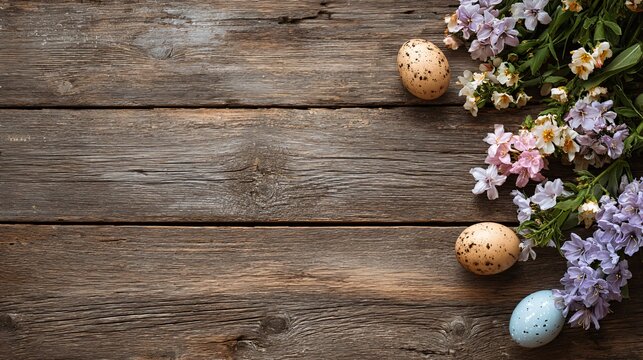 Wooden surface with flowers and eggs partially entering frame from one side, suggesting continuation beyond edges