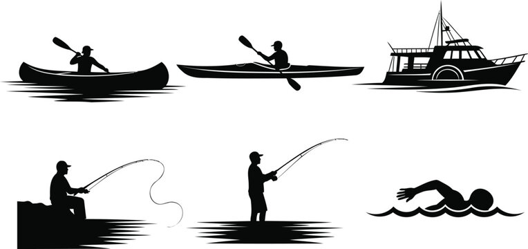 Collection of water sport silhouettes including kayaking and boating.