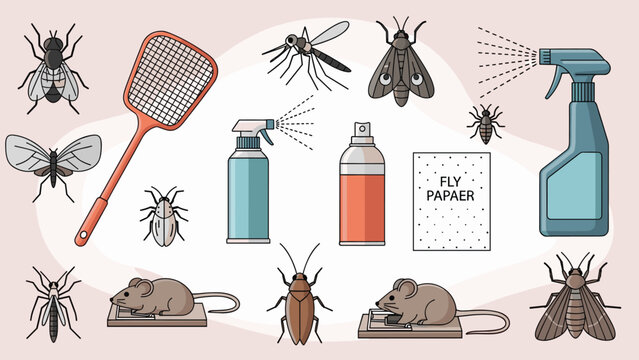 Comprehensive collection of pest control and extermination items including traps, spray bottles, flies, mice, and crawling insects.