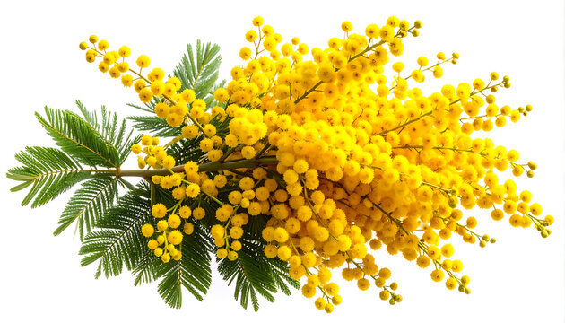 Spring mimosa flowers with green leaves, a cascade of tiny yellow blossoms on a white background, evoking warmth and nature