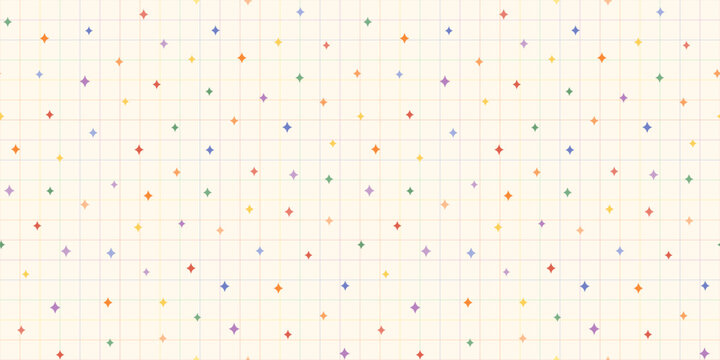Rainbow grid paper with sparkles seamless vector pattern, Cute colorful pastel confetti on cream color checker background for journaling, back to school and pride designs
