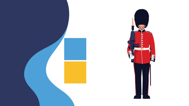 Traditional British royal guard in his characteristic red coat and tall black bearskin cap standing with a rifle on a styled background.