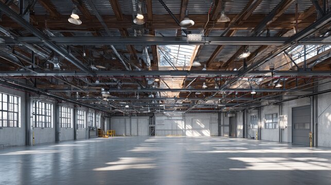 A large, empty warehouse interior with high ceilings, exposed beams, and natural light streaming in through windows and skylights