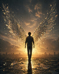 Obraz premium The Angelic Journey: A solitary figure, adorned with ethereal, crystalline wings, embarks on a luminous journey toward a celestial horizon, symbolizing hope and transformation.
