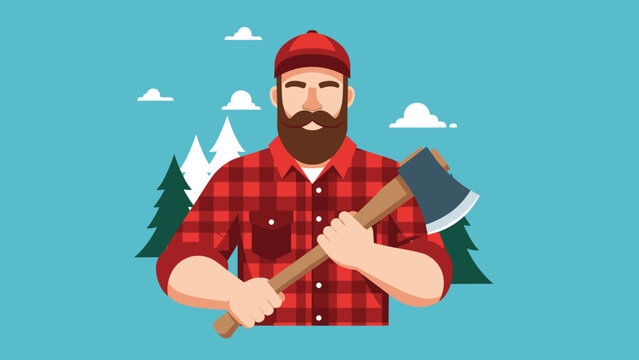 Strong bearded lumberjack wearing a red plaid flannel shirt and a baseball cap holding a large axe against a forest background.