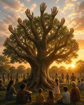 Unity's Embrace: An artistic representation of a tree with branches morphing into outstretched hands, symbolizing community, togetherness, and support amidst a backdrop of a peaceful gathering.