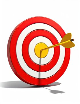 A golden arrow precisely strikes the bullseye of a red and white target