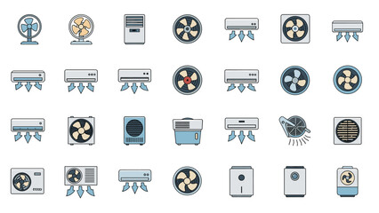 Fototapeta premium Collection of diverse air conditioner units and electric fan icons illustrating modern climate control, ventilation, and HVAC systems.