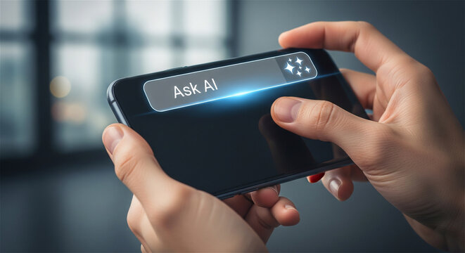 Person using smartphone asking AI artificial intelligence chatbot on screen