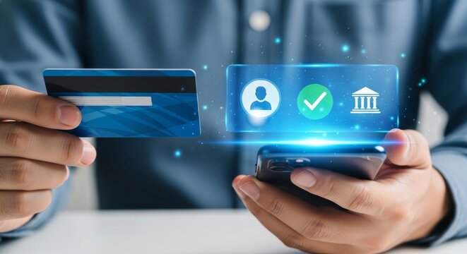 Person's hands securely manage digital payments and online financial transactions using a credit card and smartphone
