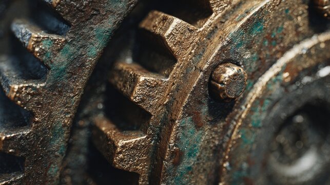 Close-up of aged, rusted gears meshing. Rough textures and hues of teal, brown, and metallic shine dominate the frame
