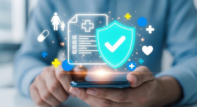Person holding smartphone with digital health insurance and medical record icons, symbolizing online healthcare management and secure data