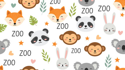 Obraz premium Delightful seamless pattern background filled with adorable animal faces including foxes, pandas, monkeys, and koalas for children.