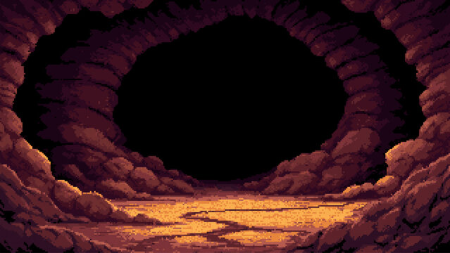Pixel art cave entrance with red stone walls and dark tunnel background. Retro 8 bit fantasy environment illustration for game design. Landscape scenery of underground rocky passage.