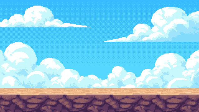 Pixel art landscape background with blue sky and white fluffy clouds. Game environment design with ground platform. Retro gaming scenery for level development and mobile application UI.