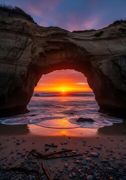 Sunset Through Natural Archway at Pfeiffer Beach, California.