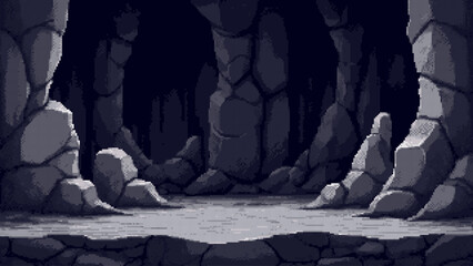 Fototapeta na wymiar Pixel art cave interior with stone walls. Dark underground cavern landscape for side scrolling game. Retro 8 bit style environment design for fantasy adventure video game background.