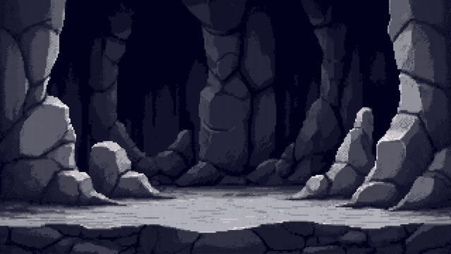 Pixel art cave interior with stone walls. Dark underground cavern landscape for side scrolling game. Retro 8 bit style environment design for fantasy adventure video game background.