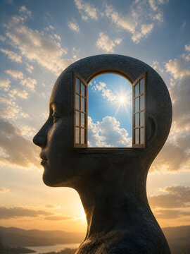 Inner Landscape: A conceptual artwork reveals the boundless potential of the human mind, showcasing an open window within a head sculpture that frames a breathtaking sky.