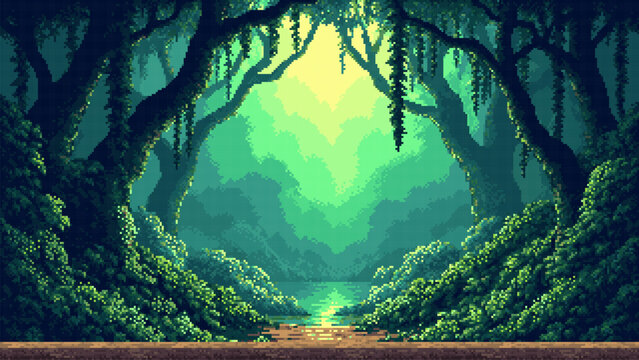 Pixel art landscape of a mystical forest with dense tropical vegetation and light streaming through trees. Retro game background design. Fantasy environment for digital art project.