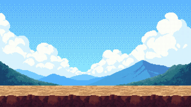 Pixel art landscape background with blue mountain range and cloudy sky. Retro 8 bit scenery for video game design. Horizontal scene with forest ground and clear summer horizon view.