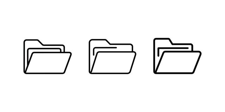 Open folder icon set in black line style for computer file organization and digital document storage management isolated on clean white background illustration.