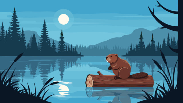 North American beaver sitting on a fallen log in a calm forest lake during a clear night with a bright full moon reflection.