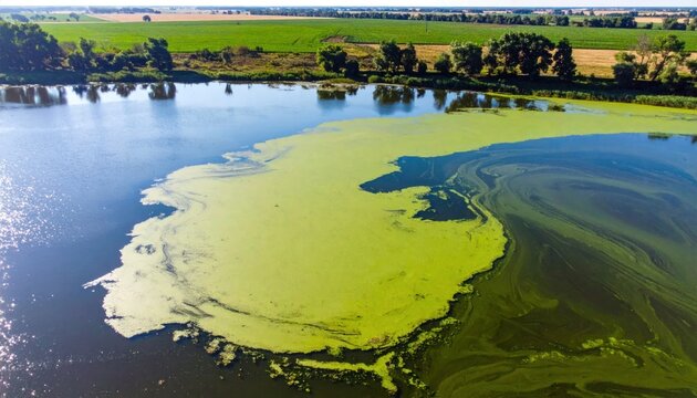 Aerial view of a vibrant green algae bloom spreading across a calm lake surface.