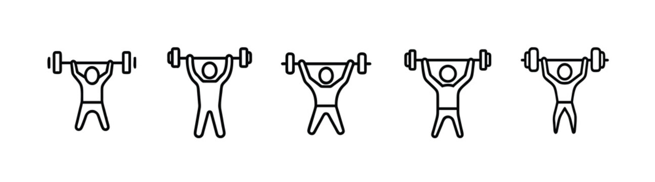 Weightlifting and gym fitness web line icons set barbells lifting strong bodybuilder gym training athlete workout heavy weightlifting & more vector illustration with editable stroke