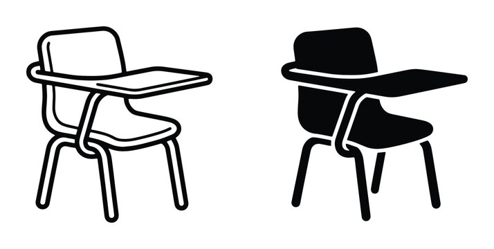 two black and white vector illustrations of classroom desks on plain background