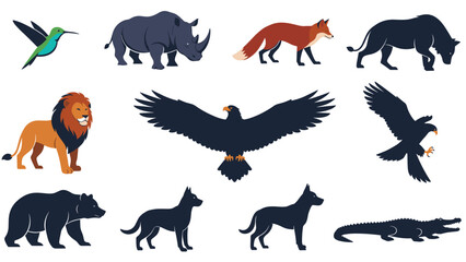 Fototapeta premium Large collection of animal silhouettes and icons including a lion, eagle, bear, wolf, and rhinoceros in dark navy blue tones.