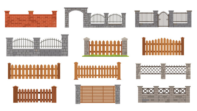 Large variety of architectural fences and gates made from brick, stone, metal, and wood in different styles and designs.