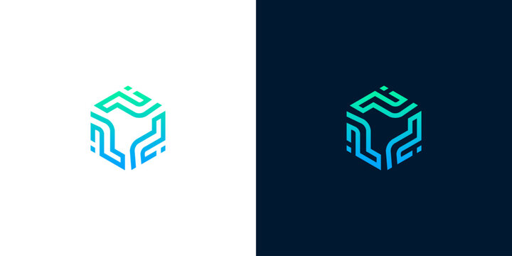 Abstract geometric logo featuring interconnected lines in a vibrant blue-green gradient. Symbolizes modern technology, digital networks, data solutions, and innovative communication branding