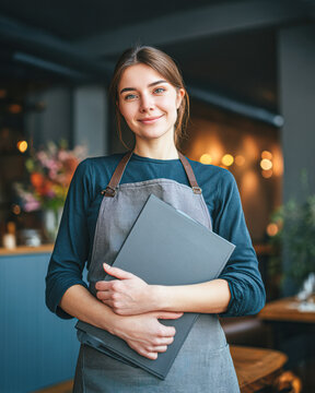 A smiling waitress in an apron holds menus inside a cozy restaurant with warm lighting.