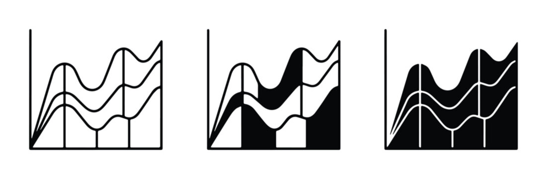 set of three black and white line graph icons on white background