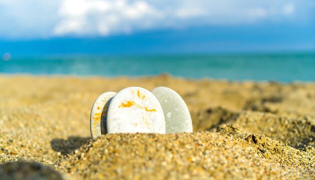 Three smooth, rounded stones stand partially buried in light brown sand on a beach. Turquoise water & blue sky complete the seaside scene